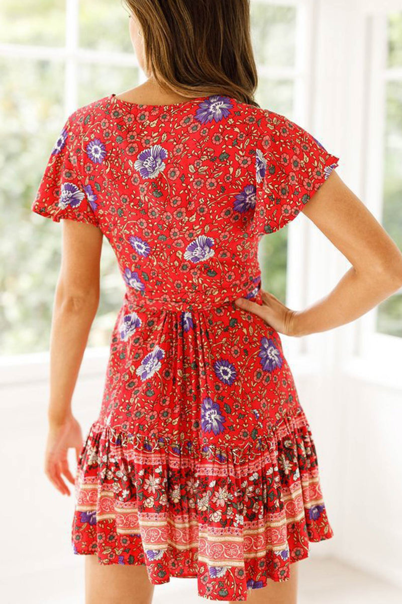 V Neck Tie-waist Slit Mini Dress