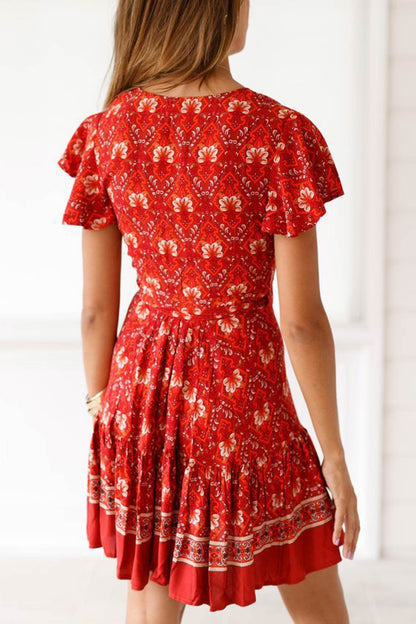 V Neck Tie-waist Slit Mini Dress