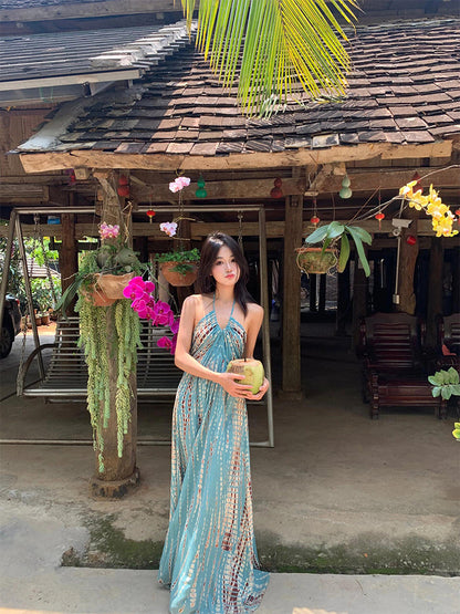 Halter Maxi Dress _ Open-back Beach Goddess Look
