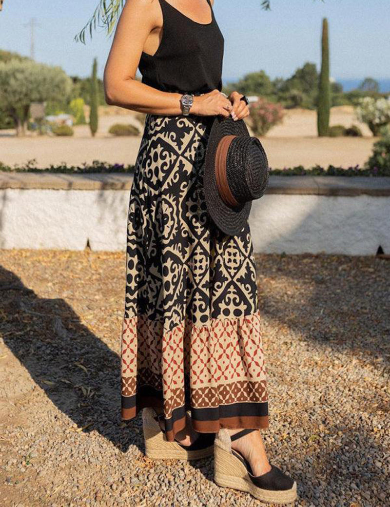 Baroque Tribal Print Maxi Skirt in Black