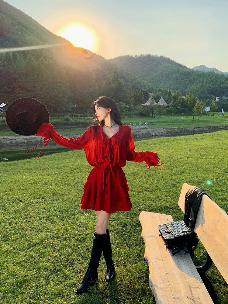Red Ruffle Sleeve Two-piece Set _ Western Desert Adventure Outfit