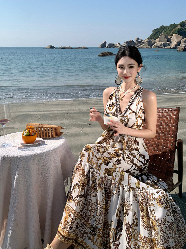 V-neck Printed Maxi Dress _ Beach Vacation Outfit