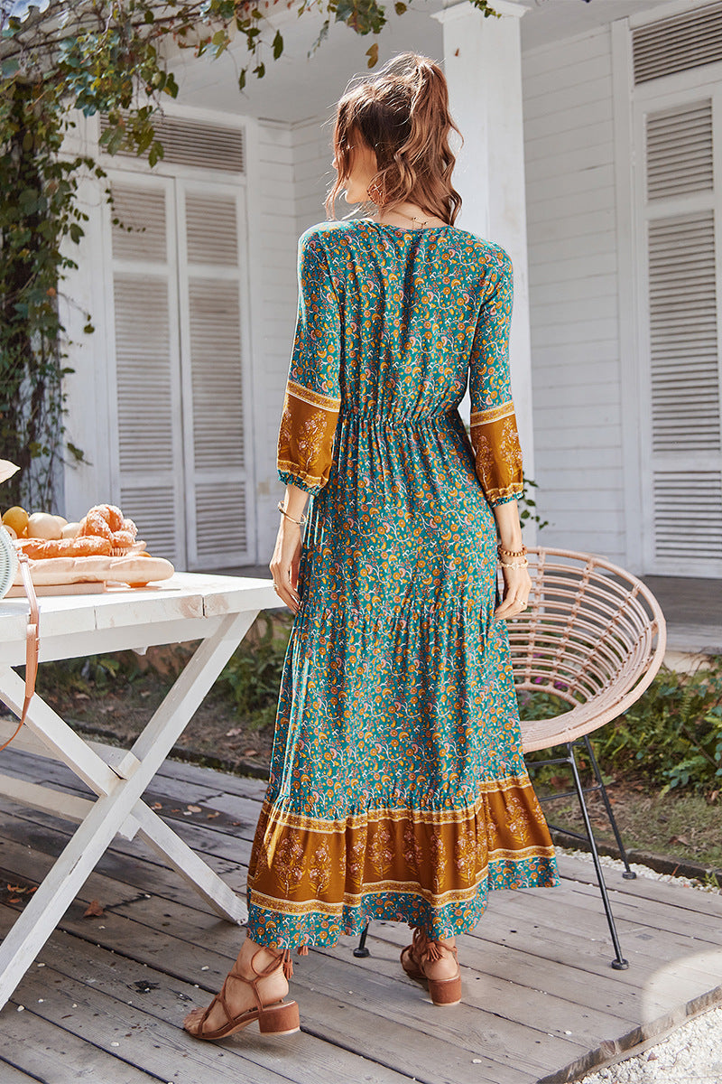 Print Puff Sleeve Loose Maxi Dress