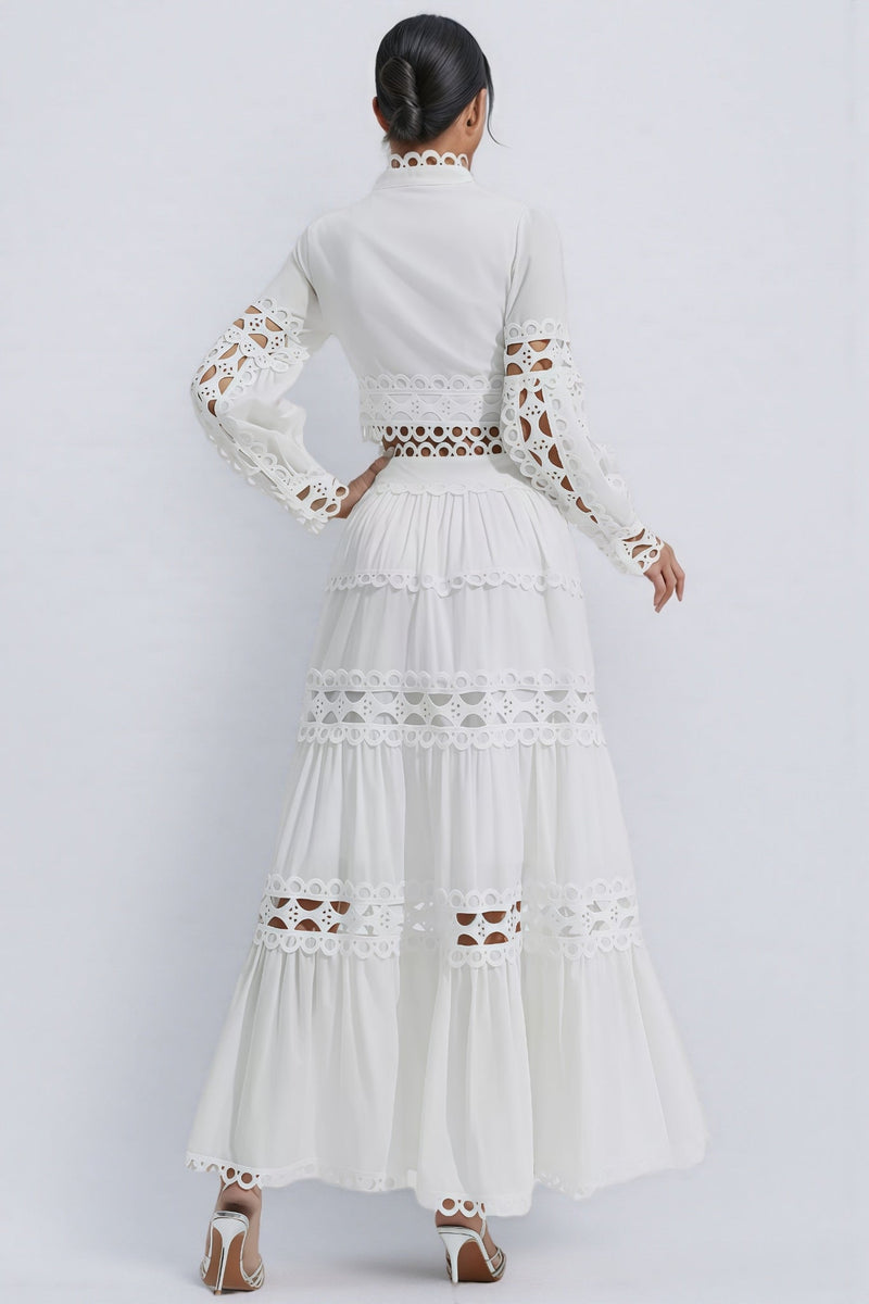 Alerolt White Lace Hollow Maxi Dress Set