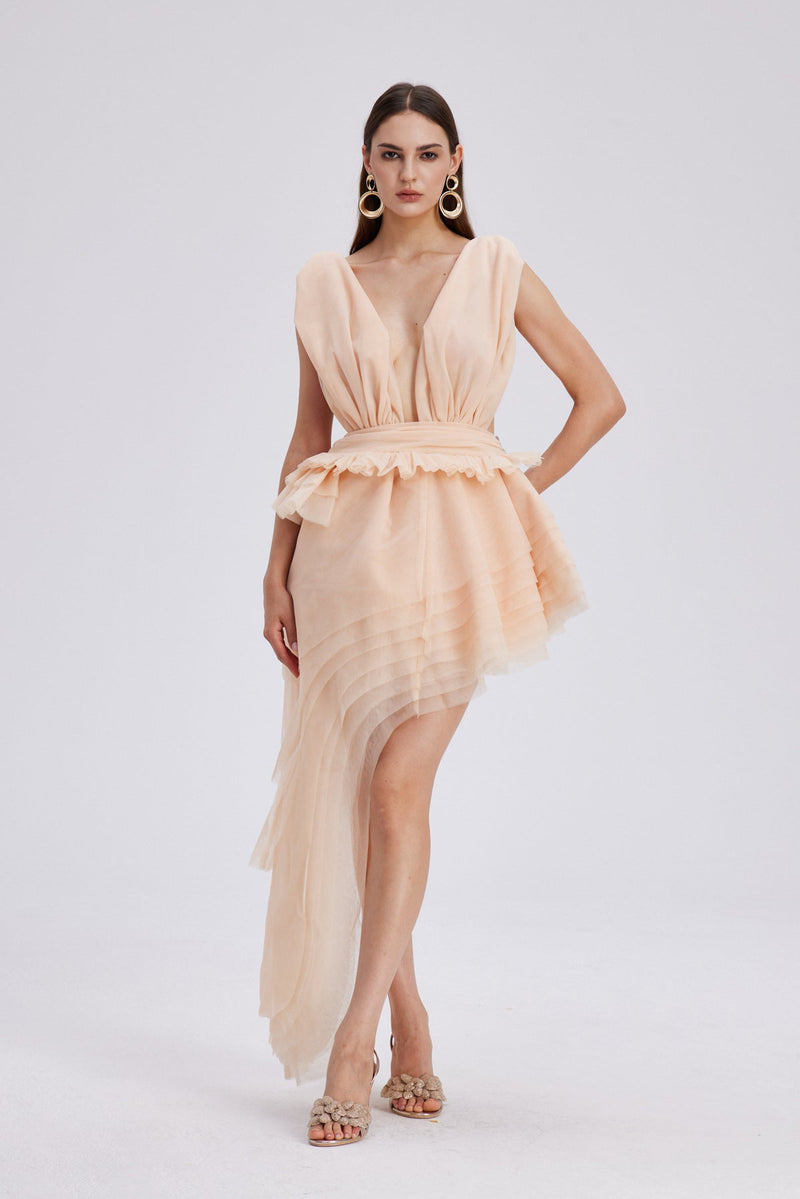 Bosmat Ruch Mesh Asymmetric Mini Dress in Apricot