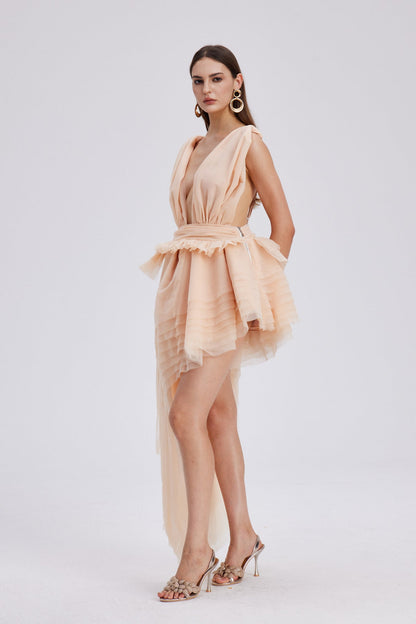 Bosmat Ruch Mesh Asymmetric Mini Dress in Apricot