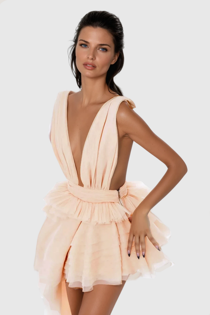 Bosmat Ruch Mesh Asymmetric Mini Dress in Apricot