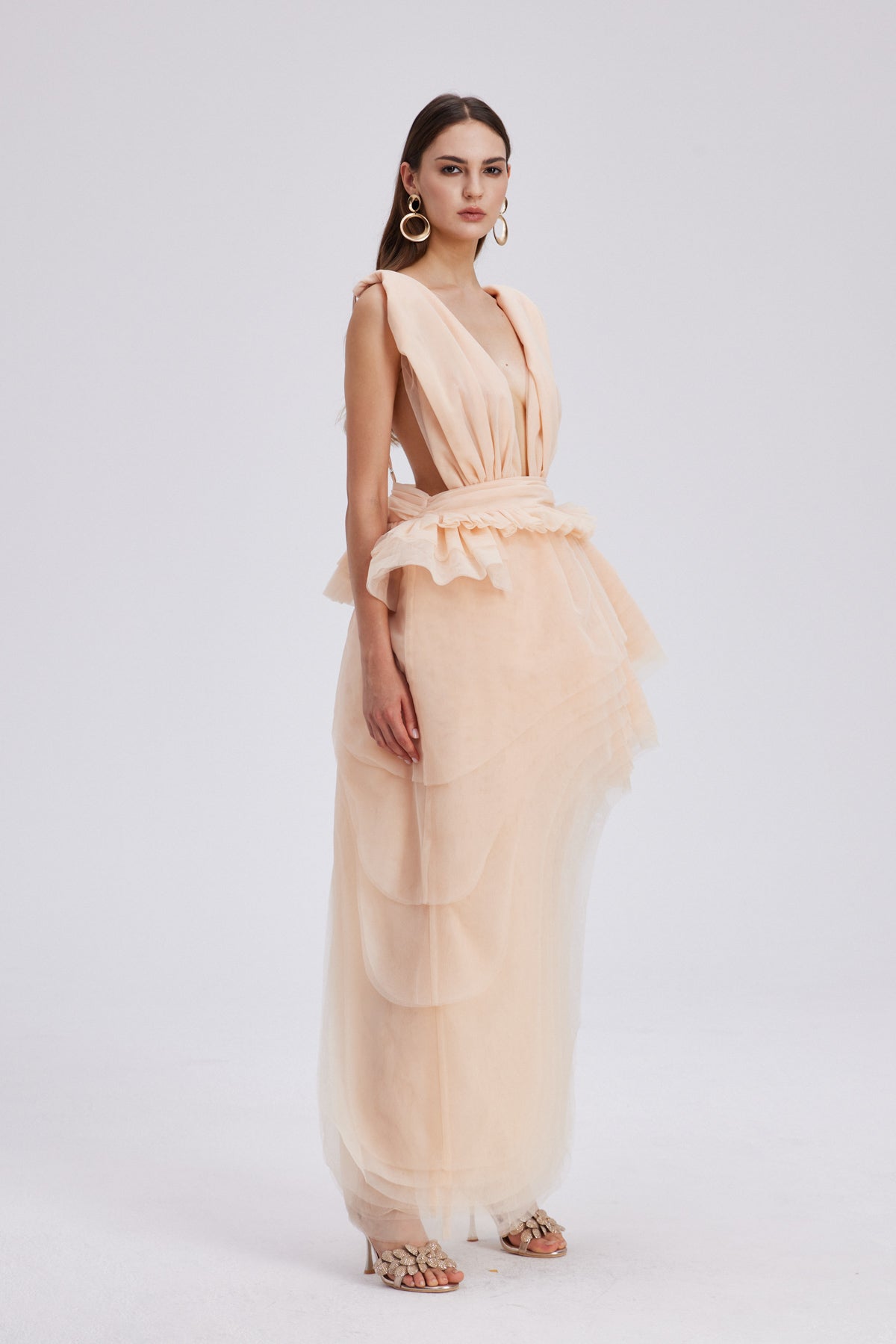 Bosmat Ruch Mesh Asymmetric Mini Dress in Apricot