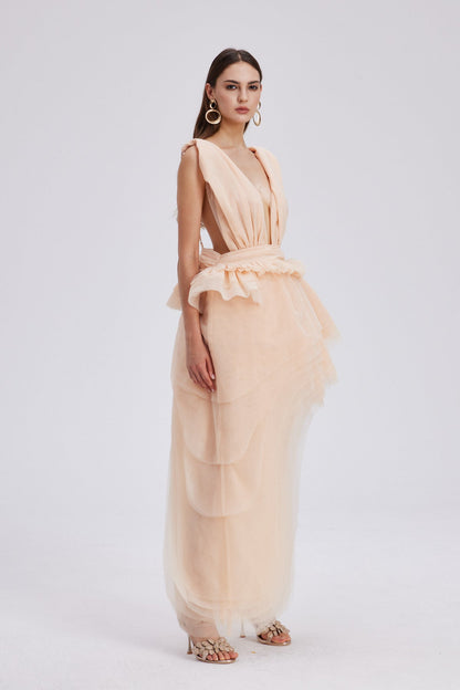 Bosmat Ruch Mesh Asymmetric Mini Dress in Apricot