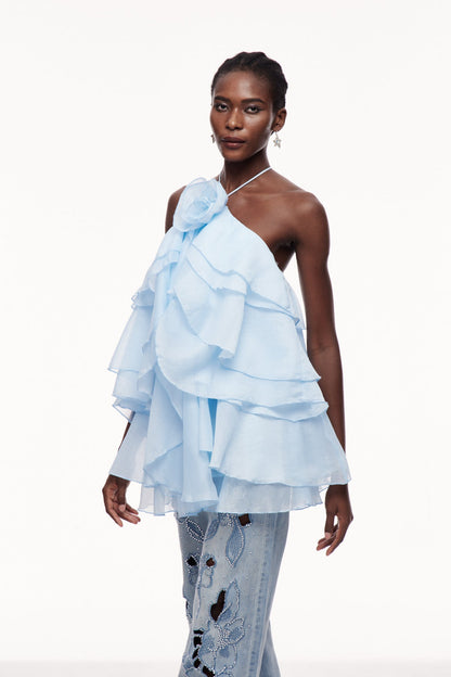 Boudewijn Flower Ruffle Mini Dress in Blue