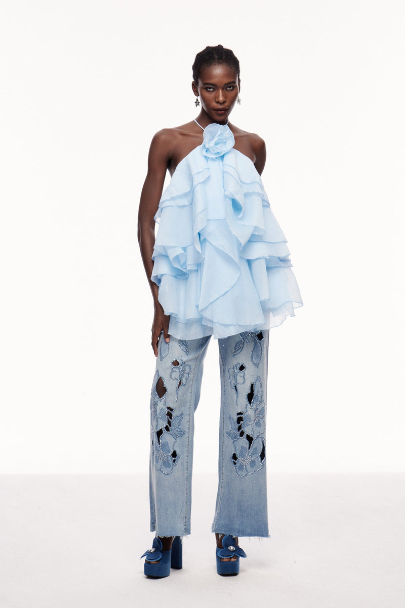 Boudewijn Flower Ruffle Mini Dress in Blue