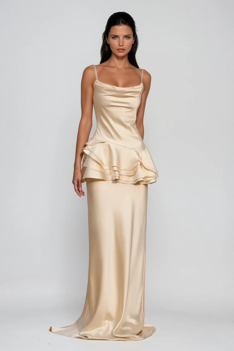 Boudica Cow Neck Ruffle Satin Maxi Dress