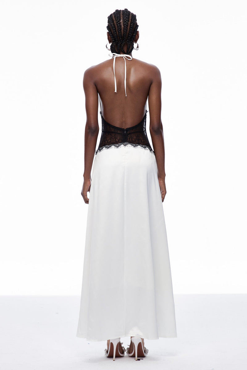 Bowie Lace Plunge Backless Maxi Dress in White