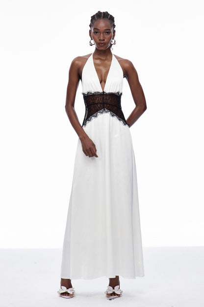 Bowie Lace Plunge Backless Maxi Dress in White