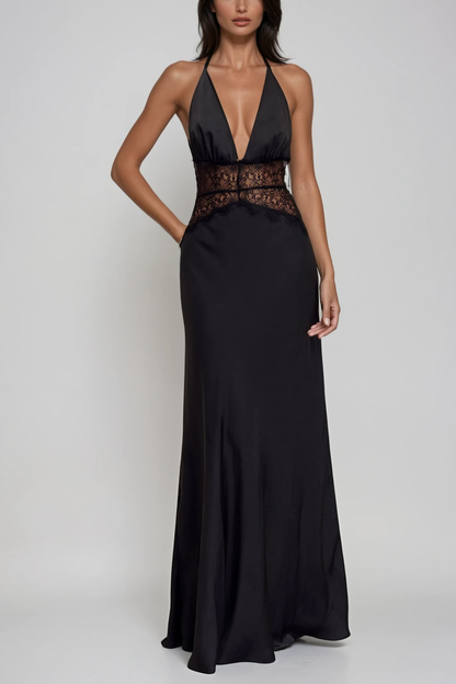 Bowie Lace Plunge Backless Maxi Dress in Black