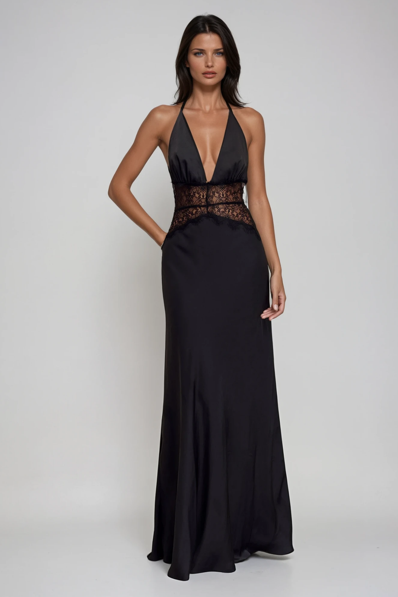 Bowie Lace Plunge Backless Maxi Dress in Black