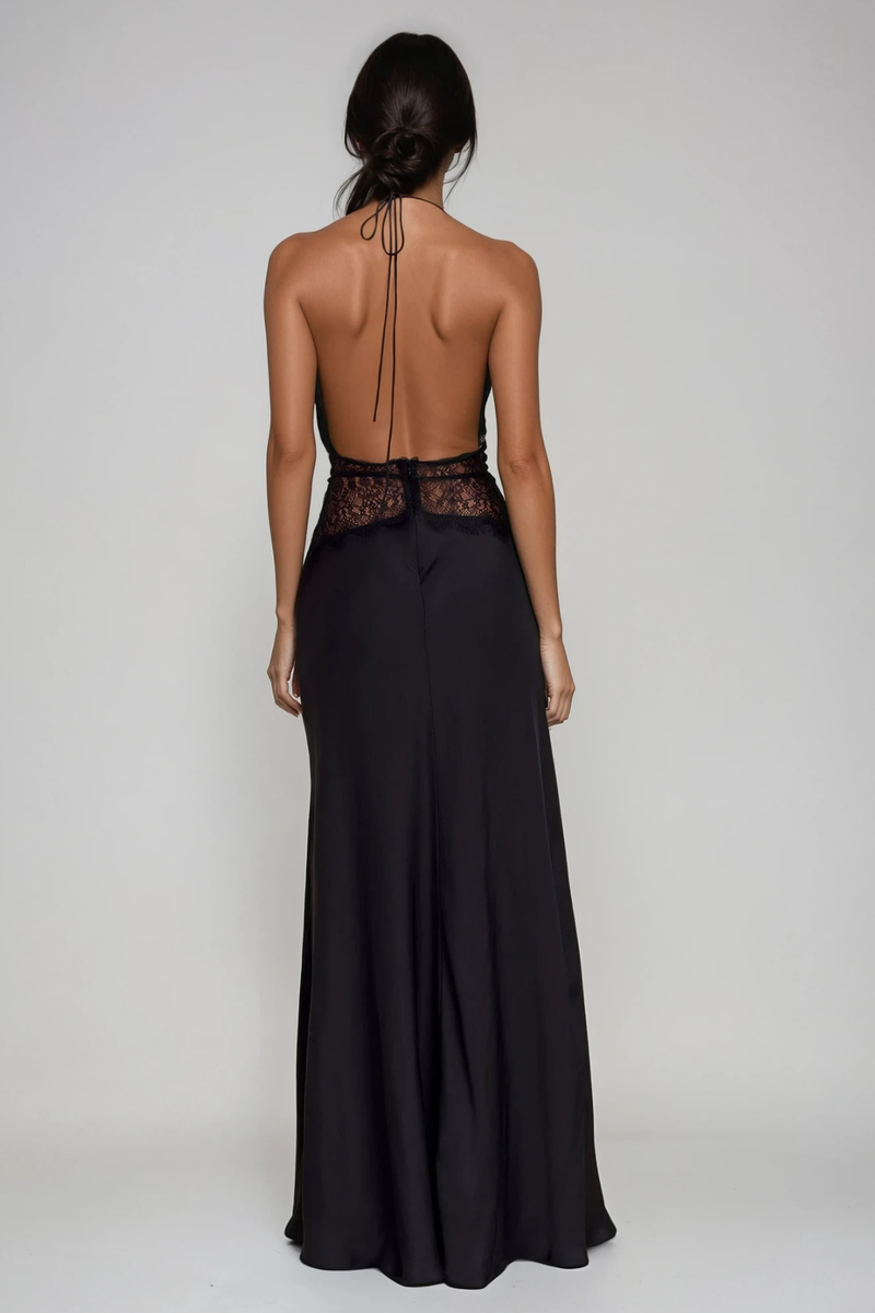 Bowie Lace Plunge Backless Maxi Dress in Black