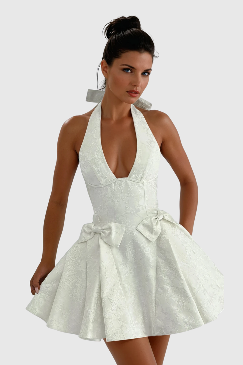 Braelynn Bow Plunge Ruffle Mini Dress in Apricot