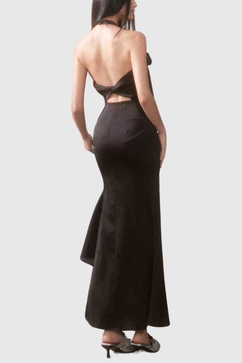 Branden Cowl Neck Flower Backless Maxi Dress in Black