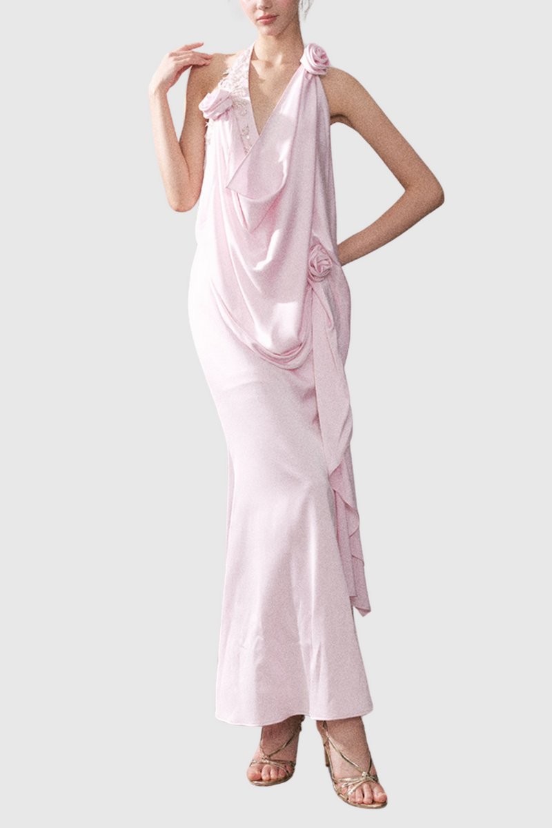Branden Cowl Neck Flower Backless Maxi Dress in Pink