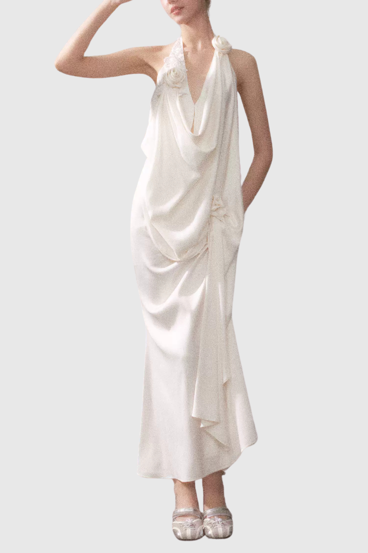 Branden Cowl Neck Flower Backless Maxi Dress in White