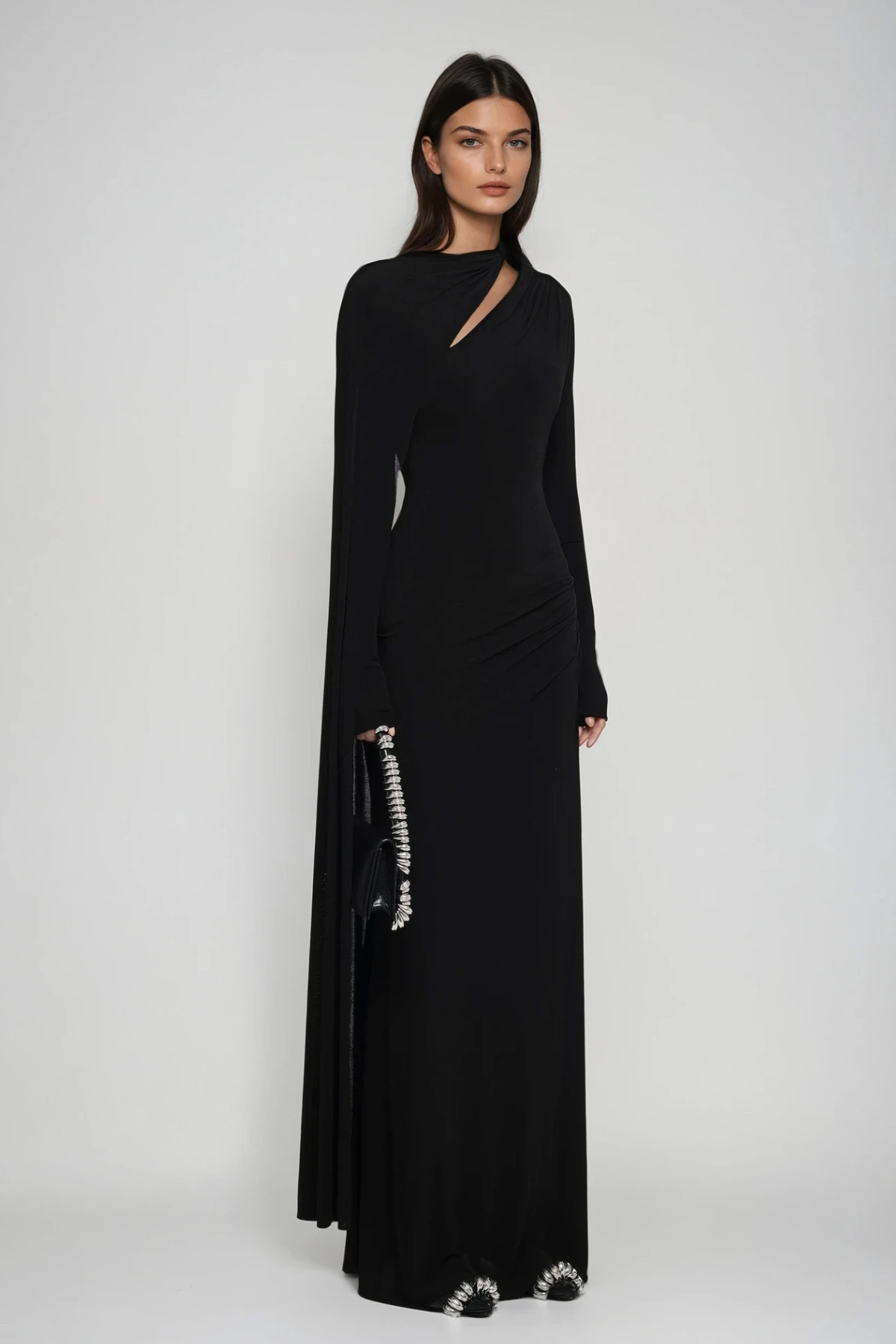 Brandt Cutout Shawl Maxi Dress in Black