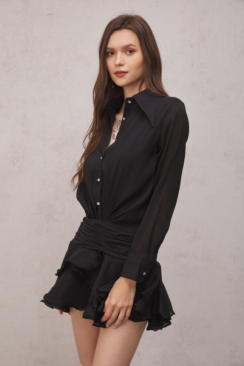 Brinley Ruched Ruffle Mini Dress in Black