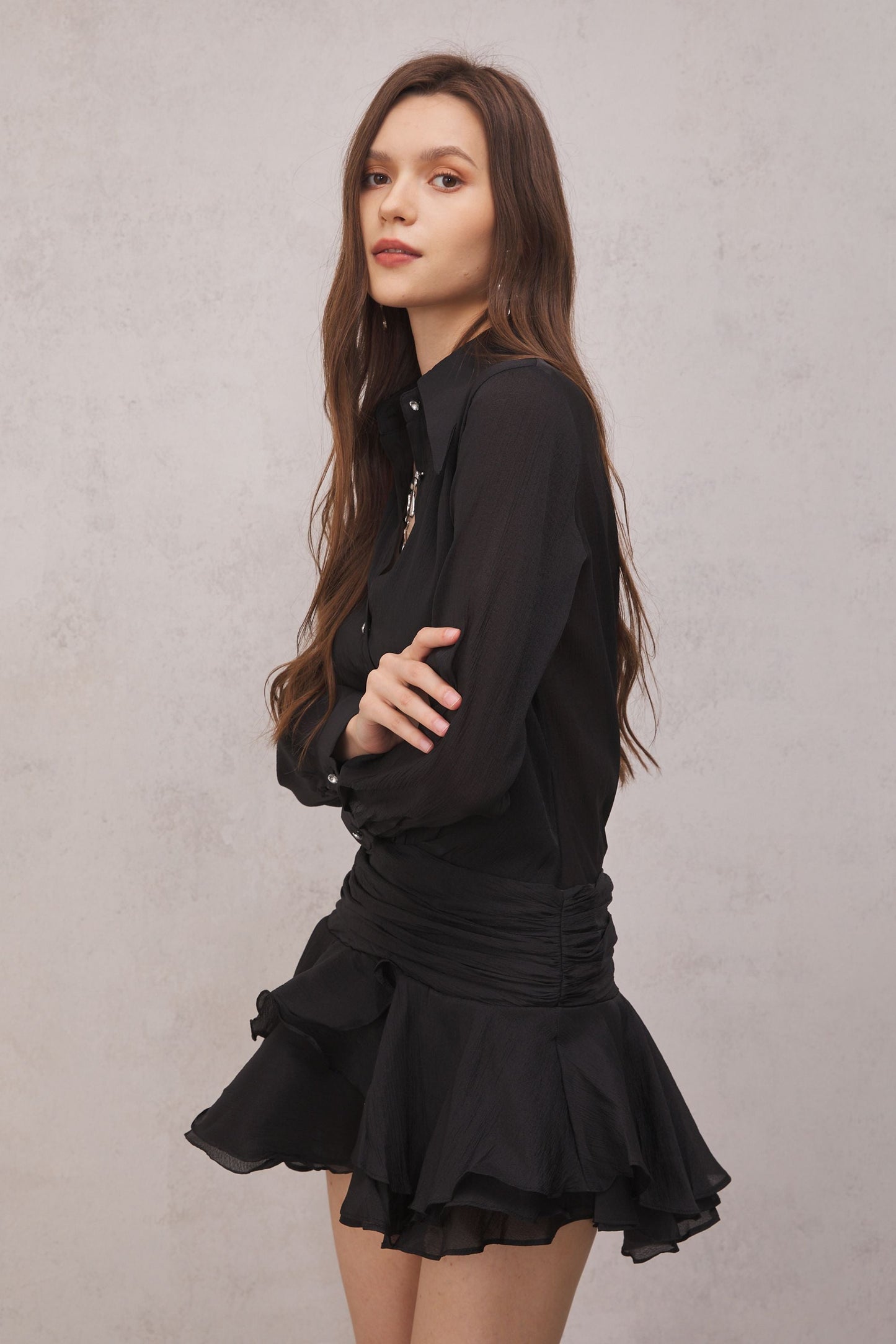 Brinley Ruched Ruffle Mini Dress in Black