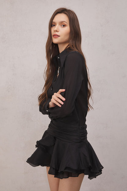 Brinley Ruched Ruffle Mini Dress in Black
