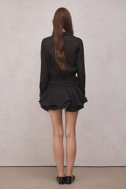 Brinley Ruched Ruffle Mini Dress in Black