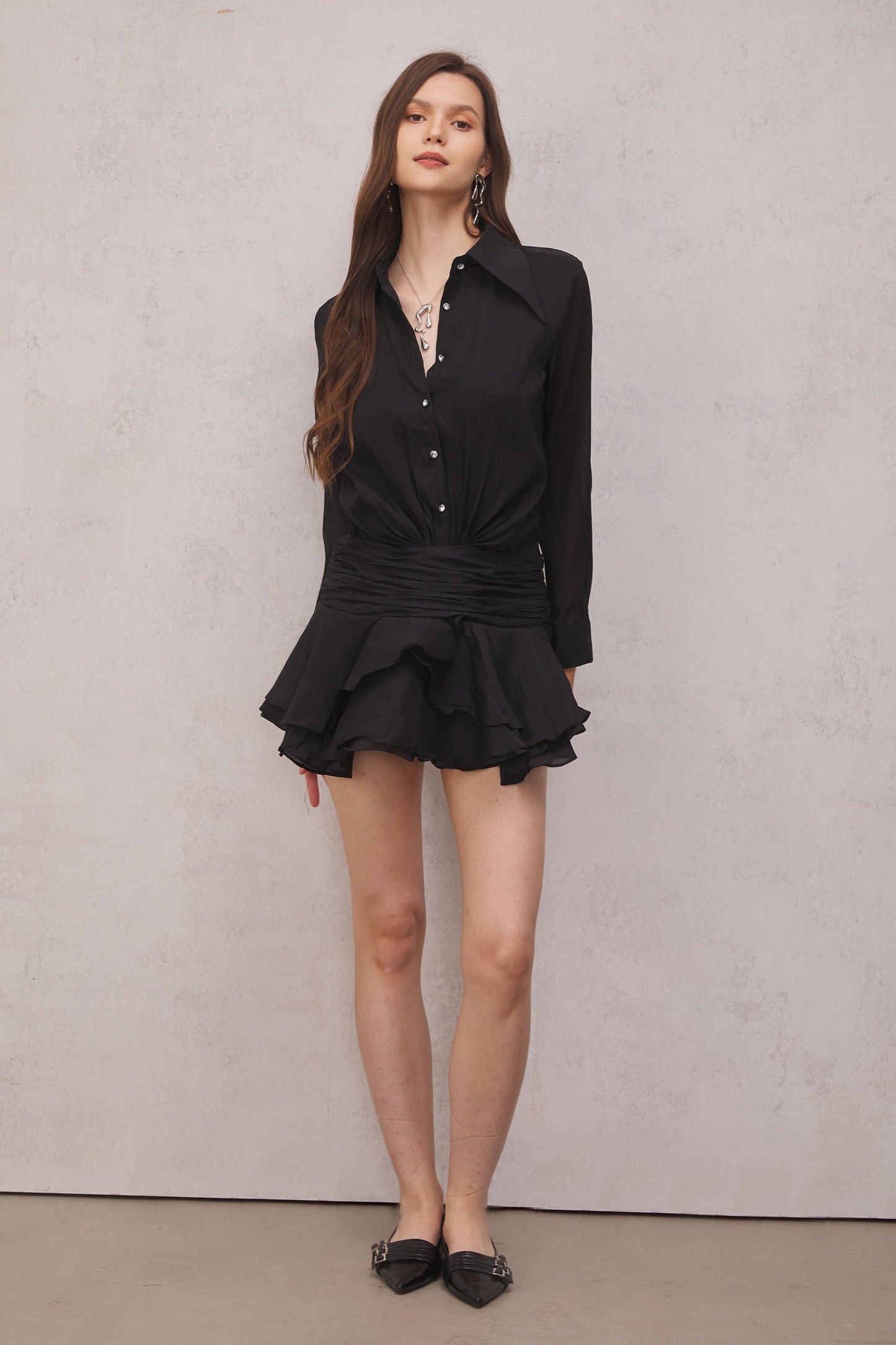 Brinley Ruched Ruffle Mini Dress in Black