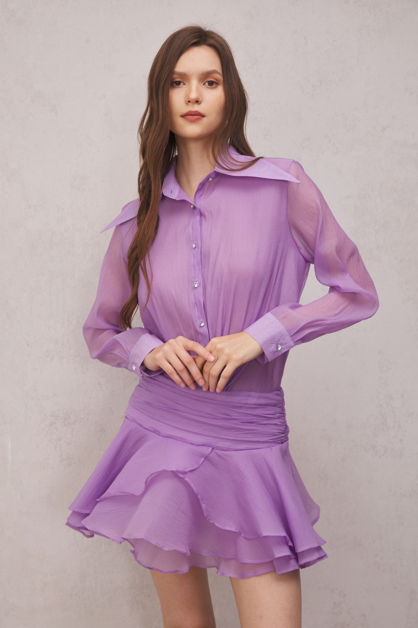 Brinley Ruched Ruffle Mini Dress in Purple