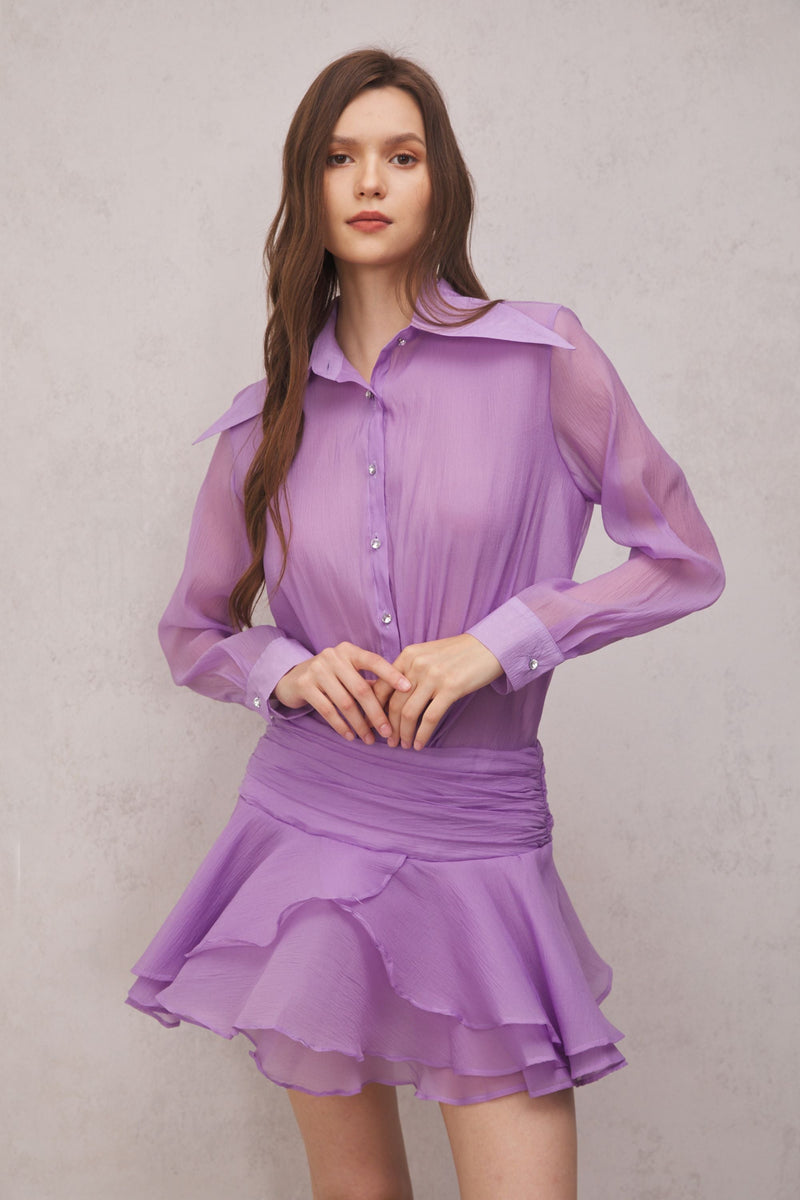 Brinley Ruched Ruffle Mini Dress in Purple