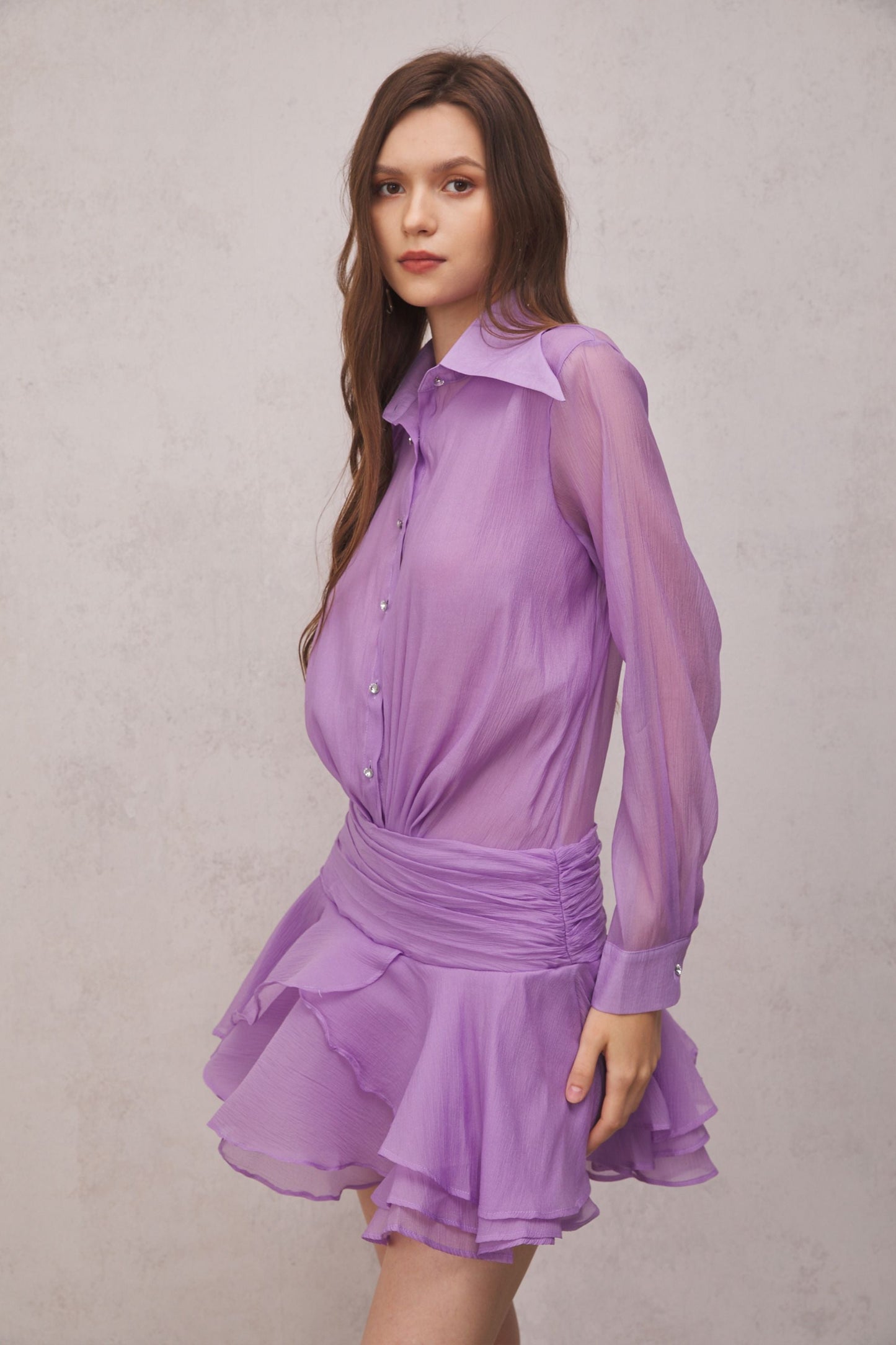 Brinley Ruched Ruffle Mini Dress in Purple