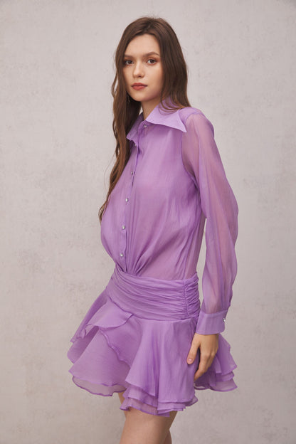 Brinley Ruched Ruffle Mini Dress in Purple
