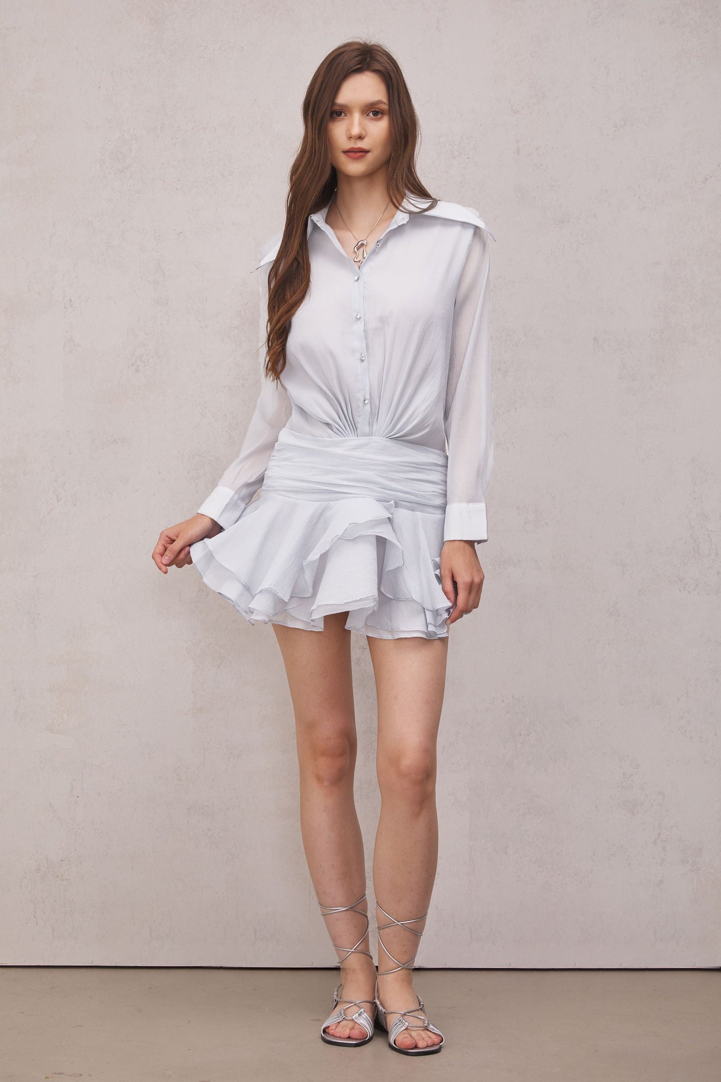 Brinley Ruched Ruffle Mini Dress in White