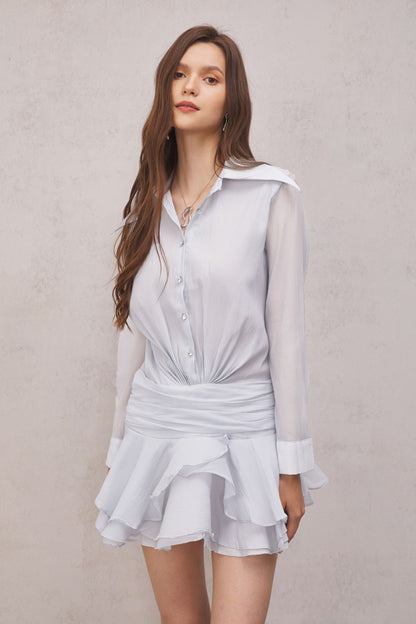 Brinley Ruched Ruffle Mini Dress in White