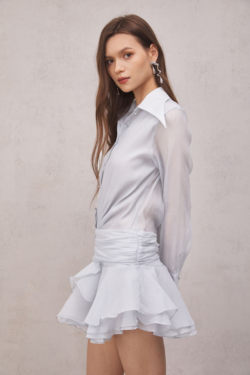 Brinley Ruched Ruffle Mini Dress in White
