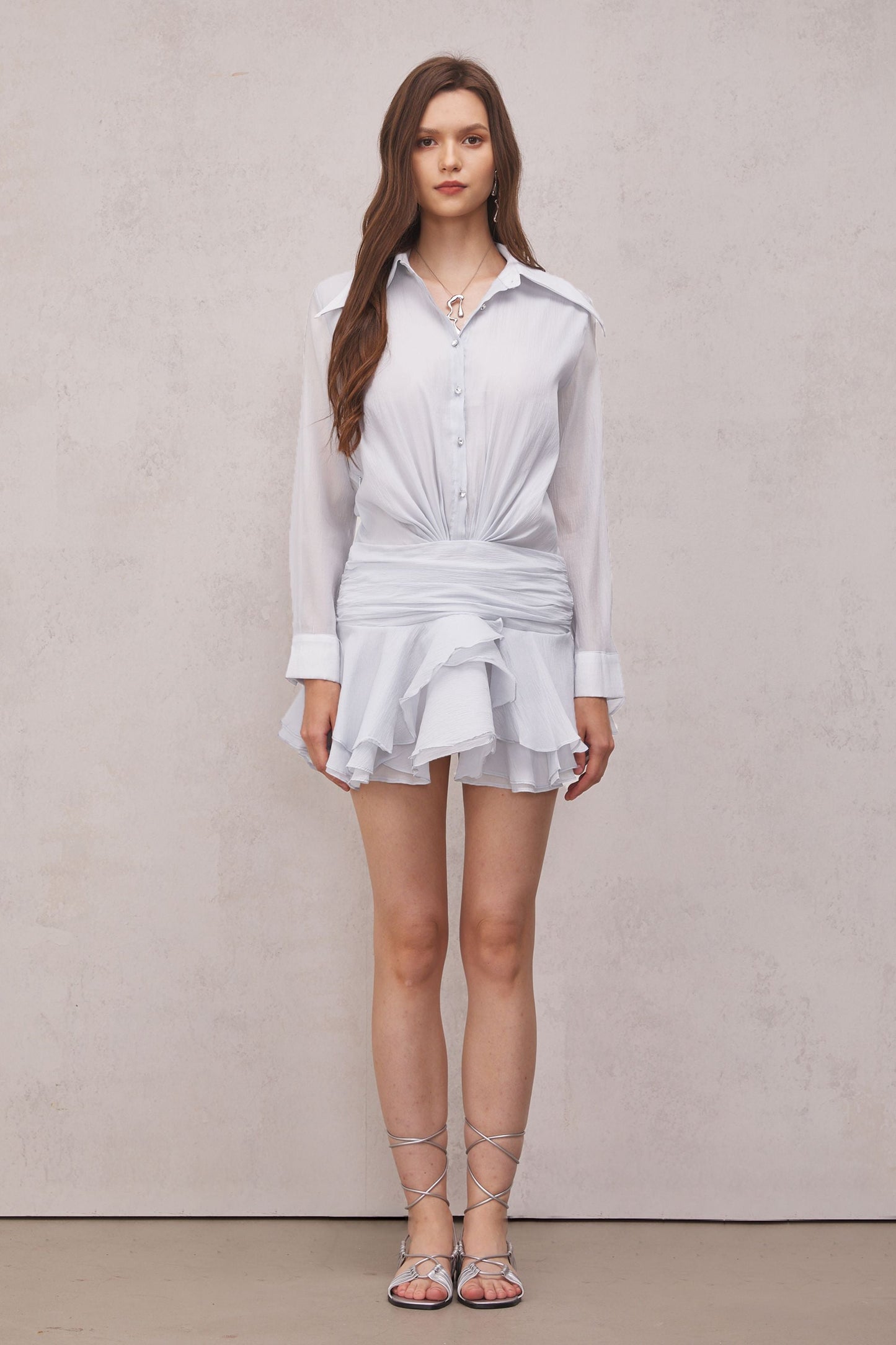 Brinley Ruched Ruffle Mini Dress in White