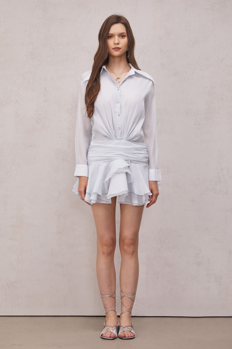 Brinley Ruched Ruffle Mini Dress in White