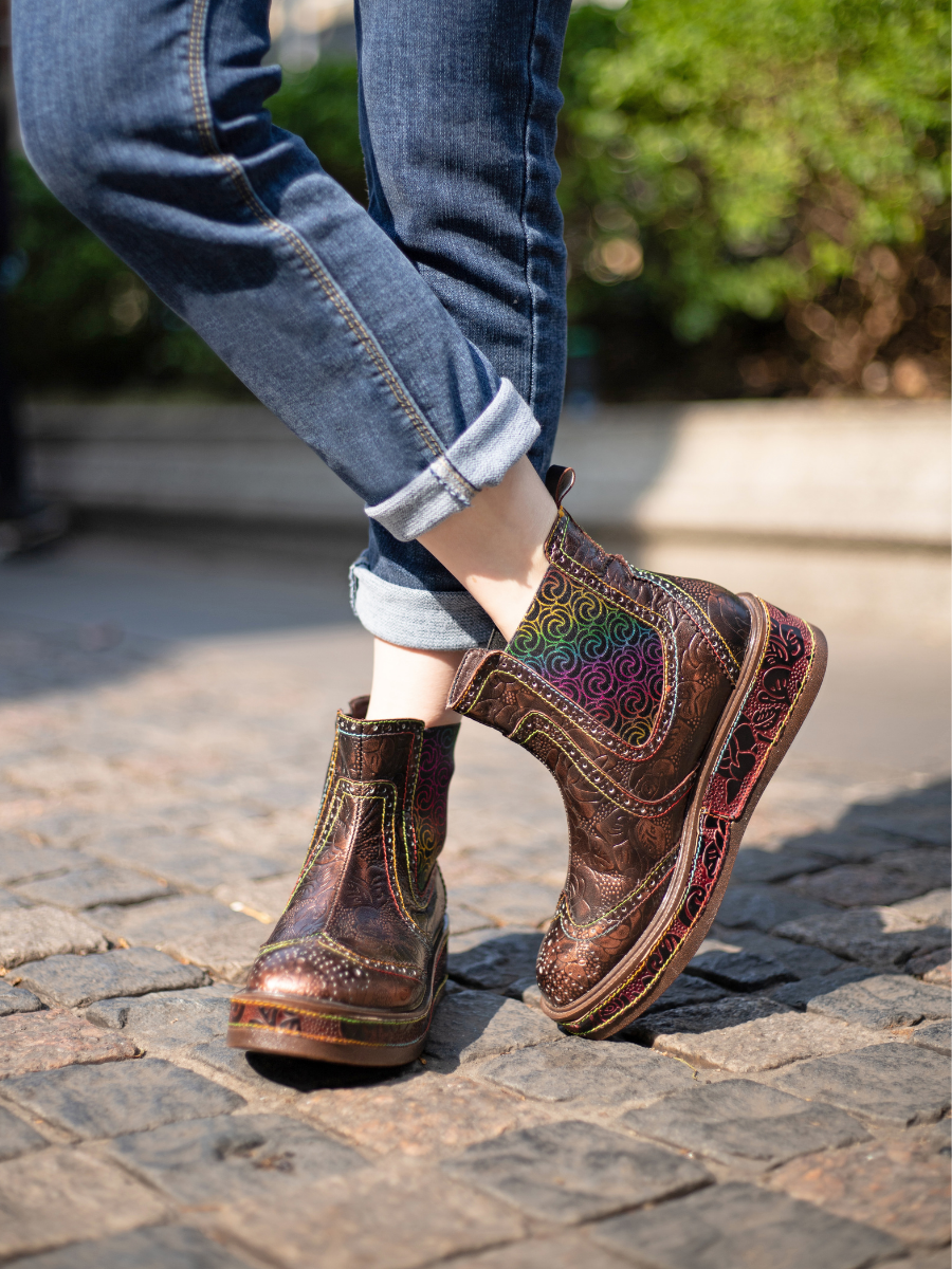 Soffia | Genuine Leather Bronze Rose Embossed Flat Chelsea Boots