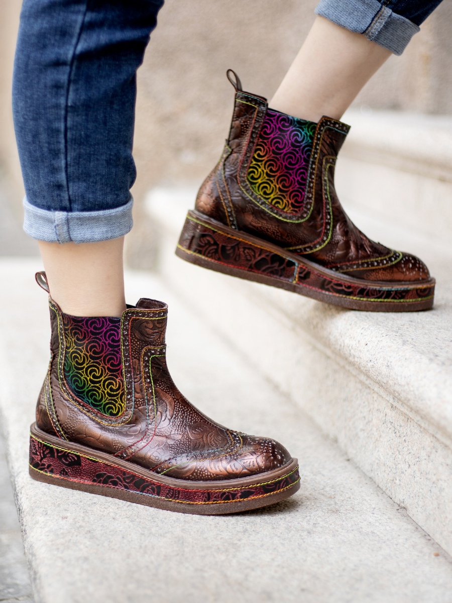 Soffia | Genuine Leather Bronze Rose Embossed Flat Chelsea Boots