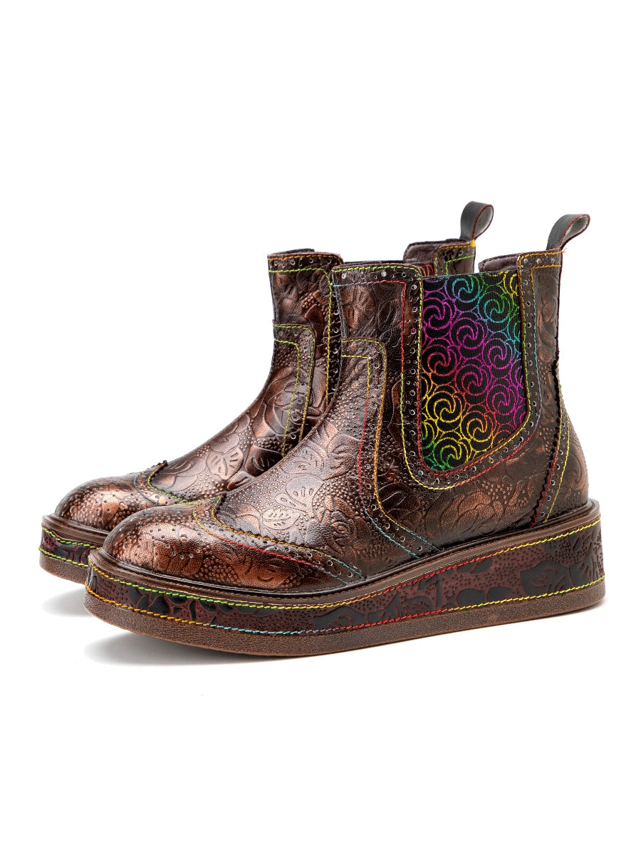 Soffia | Genuine Leather Bronze Rose Embossed Flat Chelsea Boots