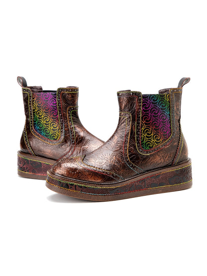 Soffia | Genuine Leather Bronze Rose Embossed Flat Chelsea Boots