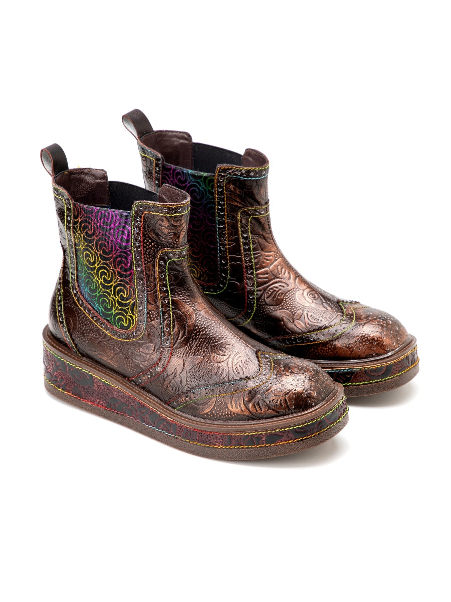 Soffia | Genuine Leather Bronze Rose Embossed Flat Chelsea Boots