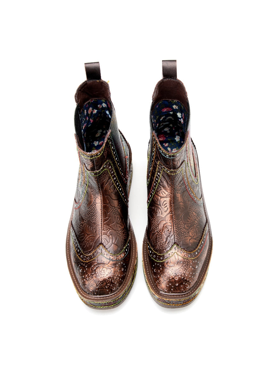 Soffia | Genuine Leather Bronze Rose Embossed Flat Chelsea Boots