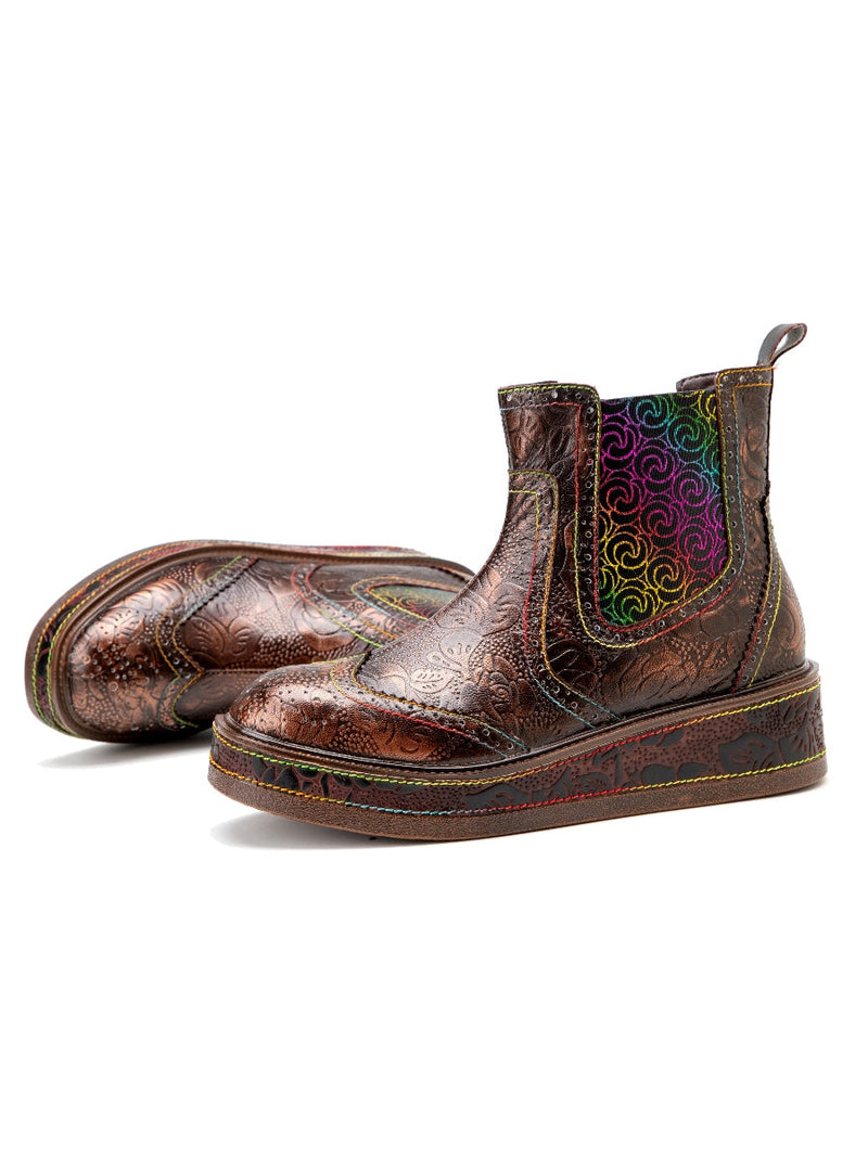 Soffia | Genuine Leather Bronze Rose Embossed Flat Chelsea Boots
