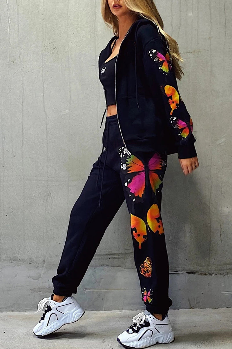 Butterfly Print Zip-up Hoodie Sweatpants Set