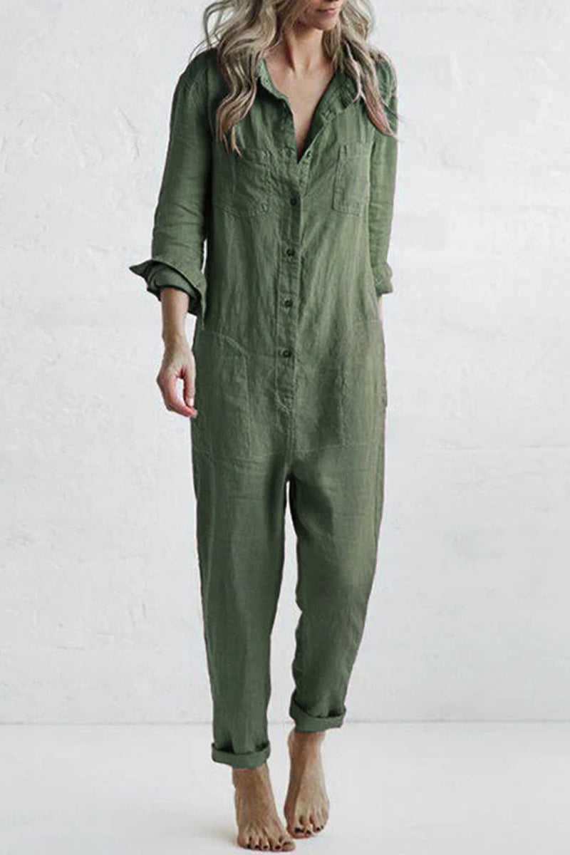 Button Lapel Pocket Long Sleeve Jumpsuits