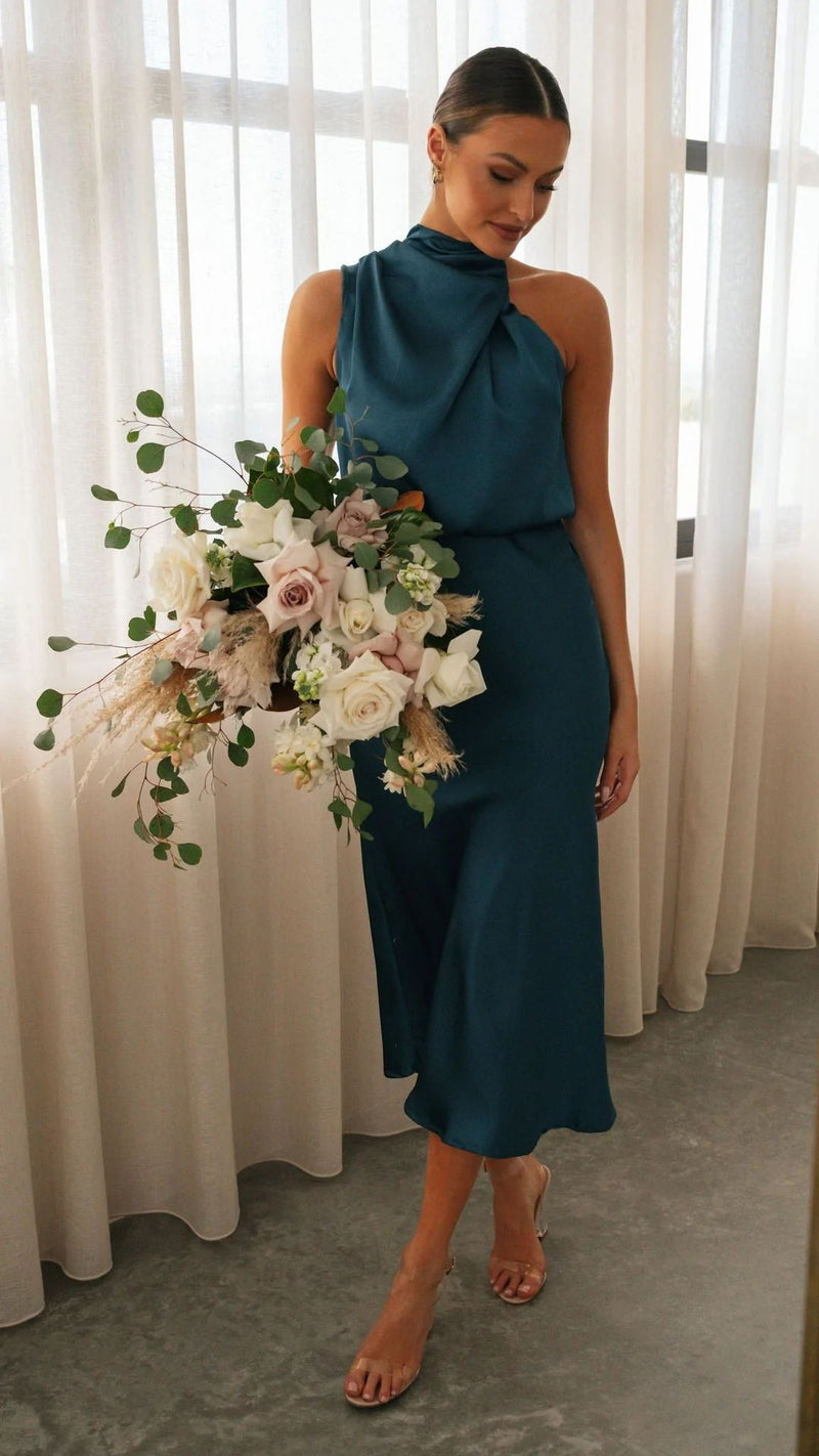 Curve Satin Ruched Halter Neck Maxi Dress in Orchid